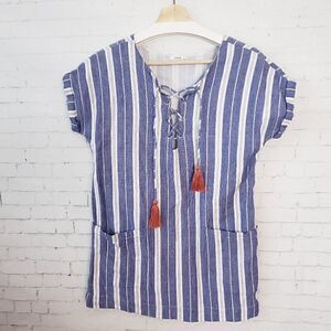 Tularosa Revolve Tunic Top Size XS Blue White Striped Tassels Beachy 100% Cotton